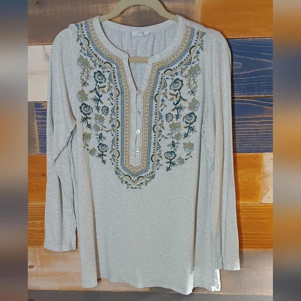 J.Jill Embroidered Top M Gray Floral Bohemian